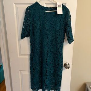 Nina Leonard Teal Floral Lace Midi Dress
